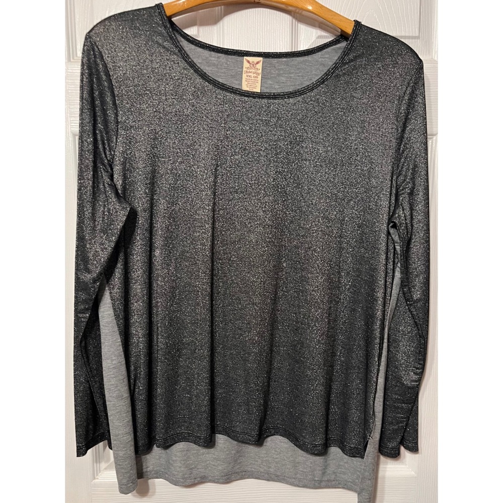 Faded Glory Womens XXL 20 Metallic Silver Charcoal Grey Glitter Layered Hem Top
